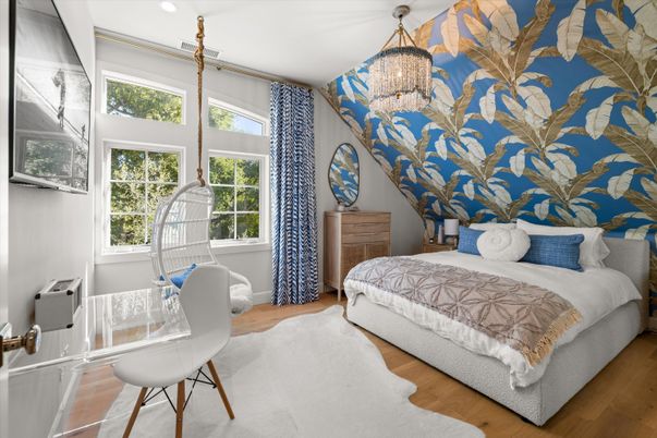 Bedroom, Chandelier, Home Office, Interior, Pendant Lights, Recessed Lighting, Wood Texture Flooring