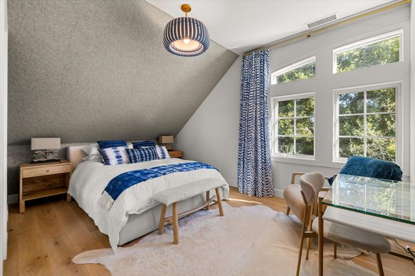 Bedroom, Interior, Pendant Lights, Wood Texture Flooring