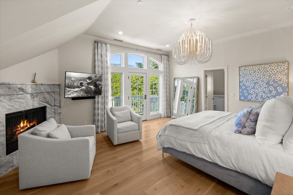 Bedroom, Chandelier, Fireplace, Interior, Recessed Lighting, Wood Texture Flooring