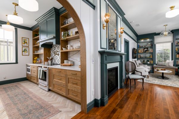 Fireplace, Interior, Kitchen, Living room, Pendant Lights, Wood Texture Flooring