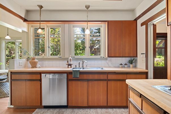 Interior, Kitchen, Pendant Lights, Stainless Steel Appliances, Wood Texture Flooring