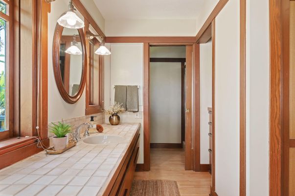 Bathroom, Interior, Tile Countertops, Wood Texture Flooring