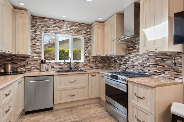 Interior, Kitchen, Recessed Lighting, Stainless Steel Appliances, Stone Walls, Wood Texture Flooring