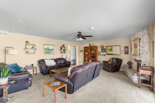 Fireplace, Interior, Living room, Recessed Lighting, Stone Walls