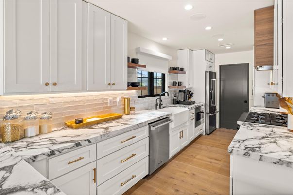 Interior, Kitchen, Recessed Lighting, Stainless Steel Appliances, Wood Texture Flooring