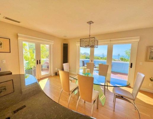 Dining room, Interior, Pendant Lights, Water, Wood Texture Flooring