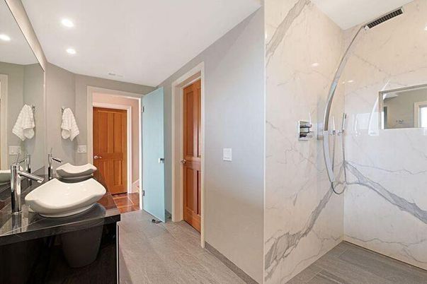 Bathroom, Interior, Marble Walls, Recessed Lighting, Wood Texture Flooring