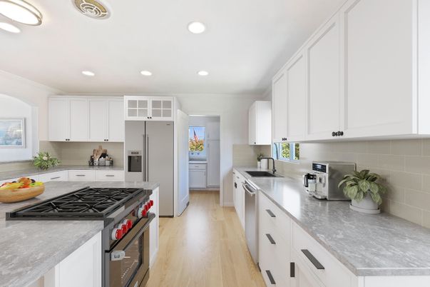 Interior, Kitchen, Recessed Lighting, Stainless Steel Appliances, Wood Texture Flooring