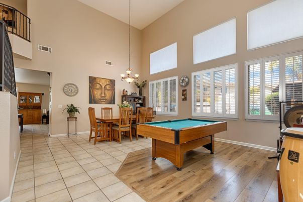 Billiard Table, Chandelier, Dining room, Game Room, Interior, Pendant Lights, Wood Texture Flooring