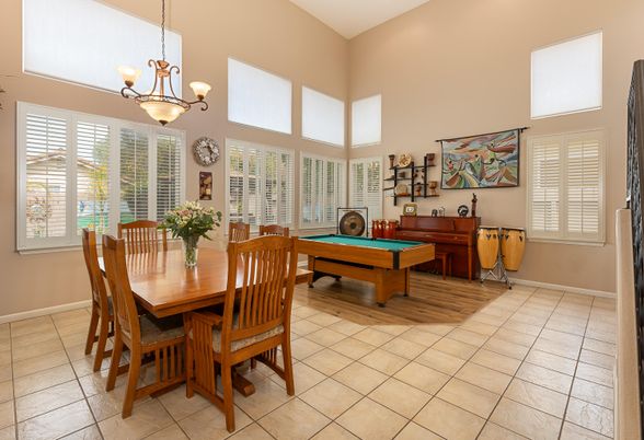 Billiard Table, Chandelier, Dining room, Game Room, Interior, Pendant Lights, Wood Texture Flooring