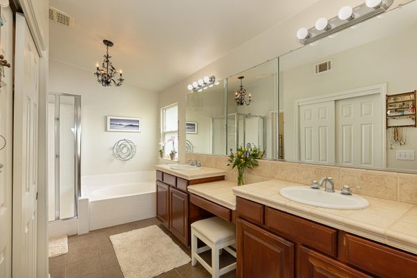 Bathroom, Chandelier, Dual Sink Vanities, Interior, Tile Countertops
