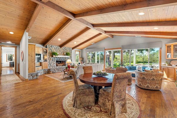 Dining room, Fireplace, Interior, Living room, Recessed Lighting, Wooden Beams, Wooden Ceilings, Wood Texture Flooring