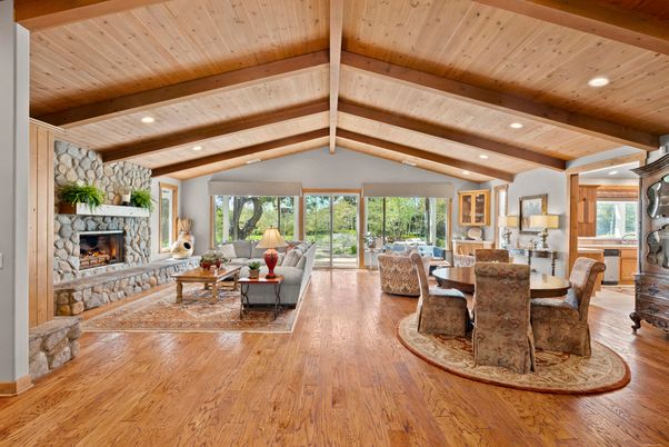Dining room, Fireplace, Interior, Living room, Recessed Lighting, Wooden Beams, Wooden Ceilings, Wood Texture Flooring