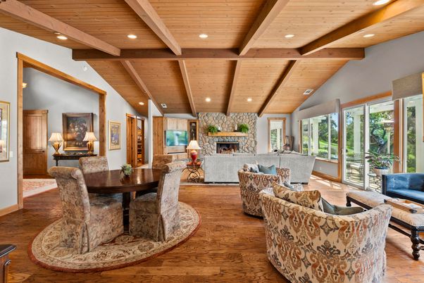 Dining room, Fireplace, Interior, Living room, Recessed Lighting, Wooden Beams, Wooden Ceilings, Wood Texture Flooring