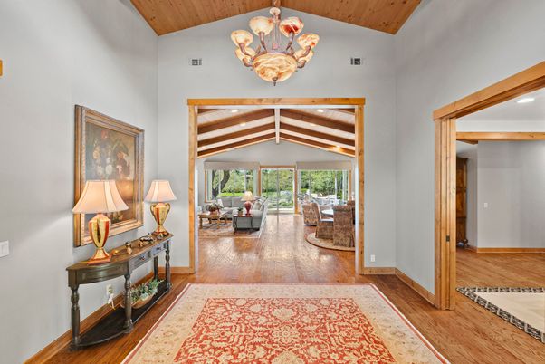 Chandelier, Interior, Living room, Recessed Lighting, Wooden Beams, Wooden Ceilings, Wood Texture Flooring