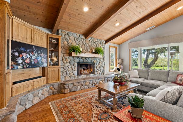 Fireplace, Interior, Living room, Recessed Lighting, Stone Walls, Wooden Beams, Wooden Ceilings, Wood Texture Flooring
