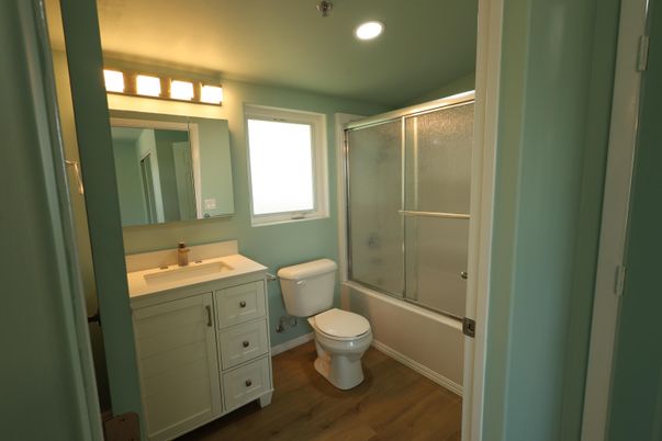 Bathroom, Glass Shower, Interior, Recessed Lighting, Wood Texture Flooring