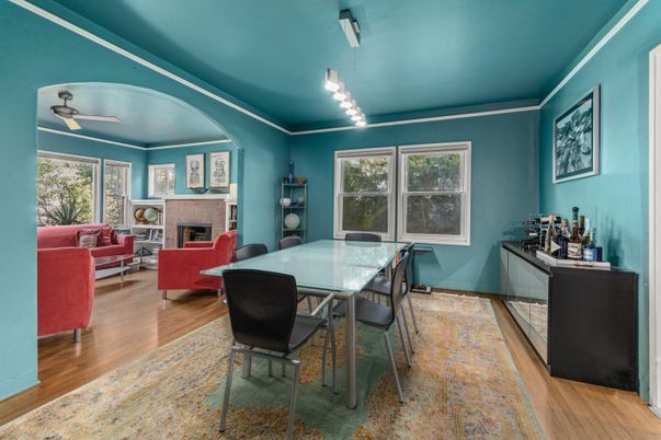 Dining room, Fireplace, Interior, Living room, Pendant Lights, Wood Texture Flooring