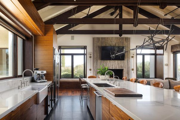 Fireplace, Interior, Kitchen, Living room, Pendant Lights, Stainless Steel Appliances, Stone Walls, Wooden Beams, Wooden Ceilings