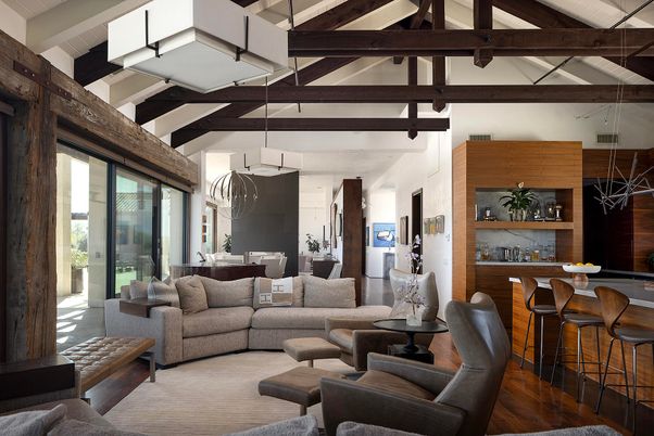 Dining room, Interior, Kitchen, Living room, Pendant Lights, Wooden Beams, Wood Texture Flooring