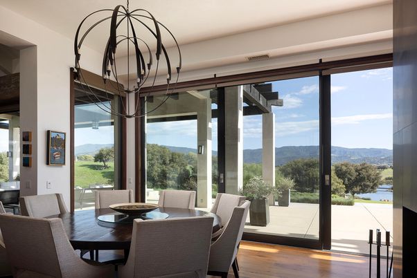 Dining room, Interior, Pendant Lights, Wood Texture Flooring