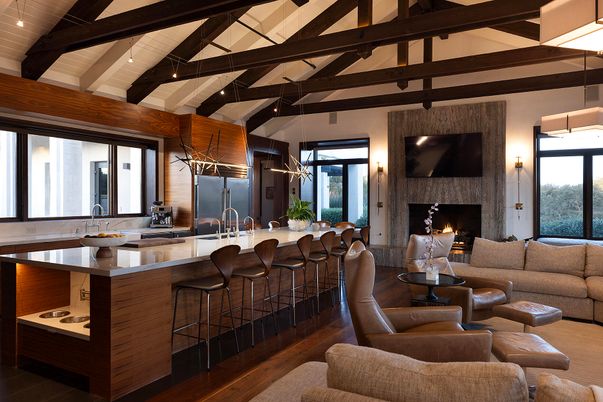 Fireplace, Interior, Kitchen, Living room, Pendant Lights, Wooden Beams, Wood Texture Flooring