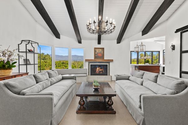 Chandelier, Fireplace, Interior, Living room, Wooden Beams