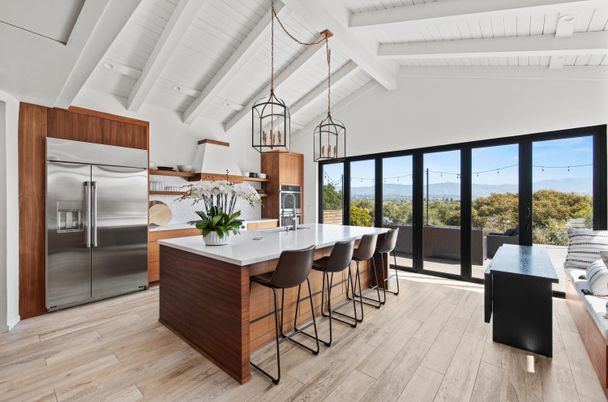 Interior, Kitchen, Pendant Lights, Stainless Steel Appliances, Wood Texture Flooring