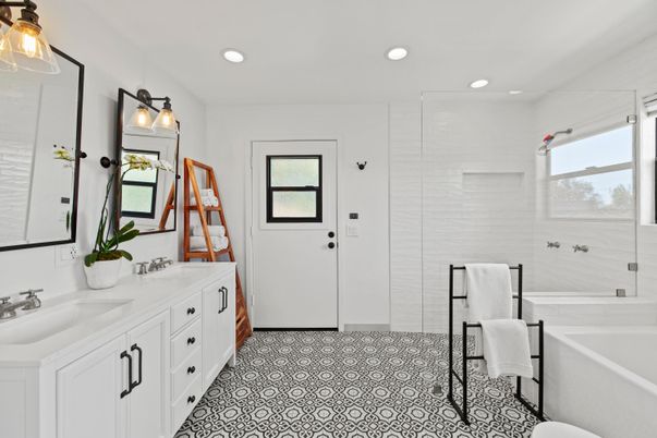 Bathroom, Dual Sink Vanities, Glass Shower, Interior, Recessed Lighting
