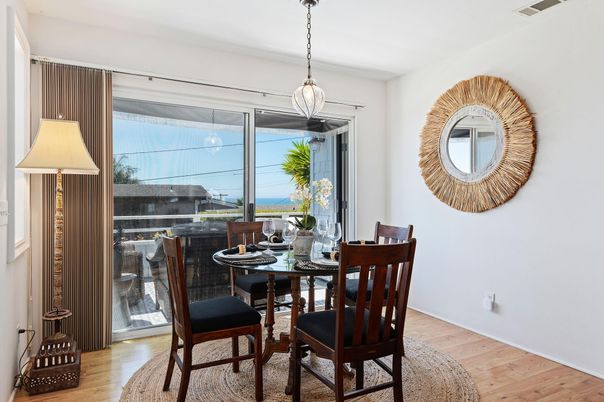 Dining room, Interior, Pendant Lights, Wood Texture Flooring