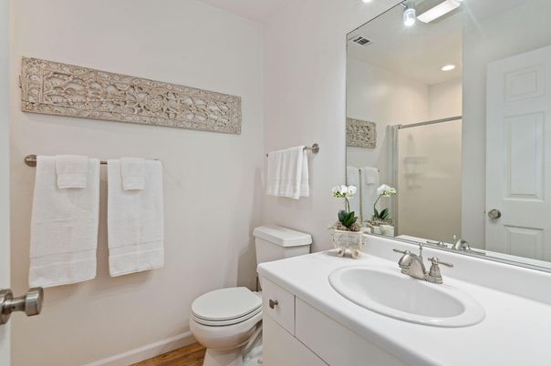 Bathroom, Glass Shower, Interior, Recessed Lighting, Wood Texture Flooring