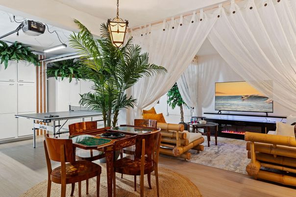 Dining room, Fireplace, Interior, Living room, Pendant Lights, Wood Texture Flooring
