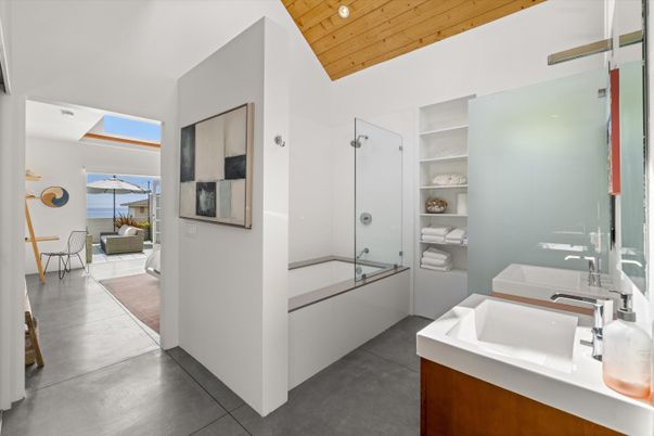 Bathroom, Glass Shower, Interior, Recessed Lighting, Water, Wooden Ceilings