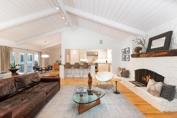 Dining room, Fireplace, Interior, Kitchen, Living room, Pendant Lights, Wood Texture Flooring