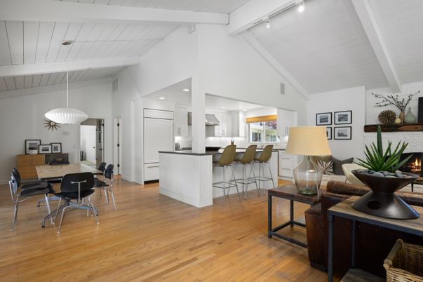 Dining room, Fireplace, Interior, Kitchen, Pendant Lights, Wood Texture Flooring