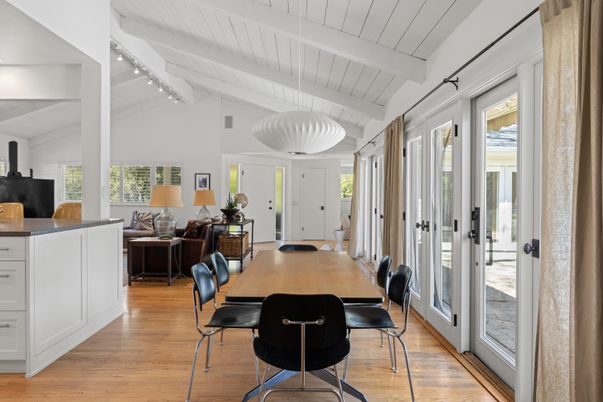 Dining room, Interior, Living room, Pendant Lights, Wood Texture Flooring