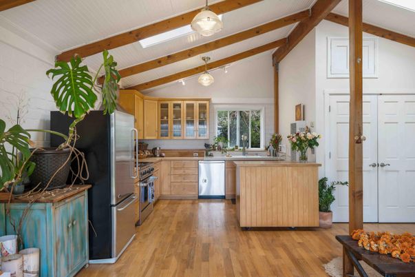 Interior, Kitchen, Pendant Lights, Stainless Steel Appliances, Wooden Beams, Wood Texture Flooring