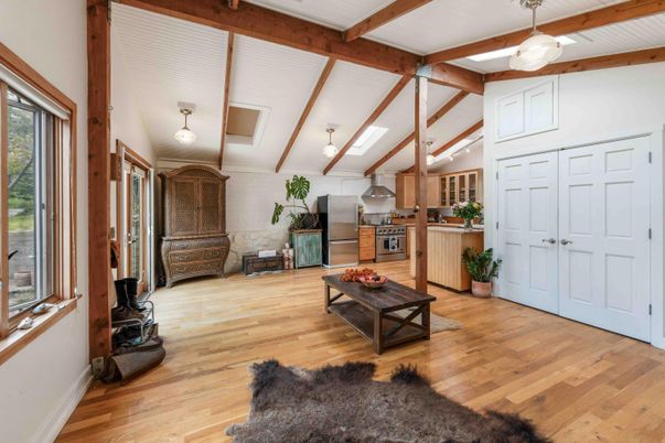 Interior, Kitchen, Living room, Pendant Lights, Stainless Steel Appliances, Wooden Beams, Wood Texture Flooring