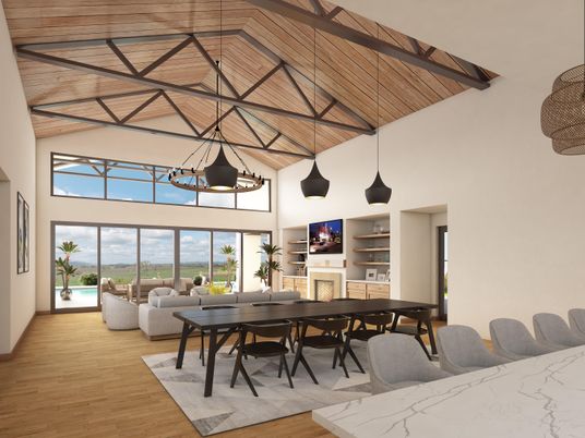 Dining room, Fireplace, Interior, Living room, Pendant Lights, Wooden Beams, Wooden Ceilings, Wood Texture Flooring
