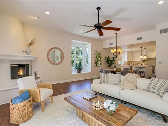 Chandelier, Dining room, Fireplace, Interior, Kitchen, Living room, Pendant Lights, Recessed Lighting, Wood Texture Flooring