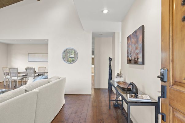 Dining room, Interior, Living room, Recessed Lighting, Wood Texture Flooring