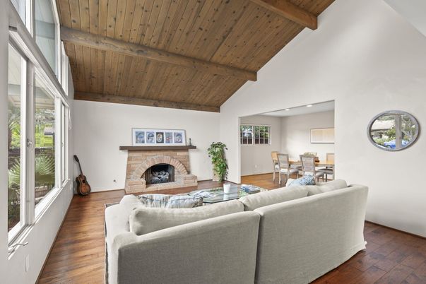 Dining room, Fireplace, Interior, Living room, Recessed Lighting, Wooden Beams, Wooden Ceilings, Wood Texture Flooring