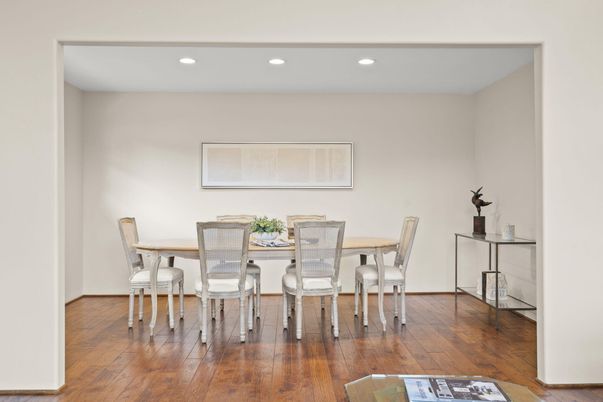 Dining room, Interior, Recessed Lighting, Wood Texture Flooring