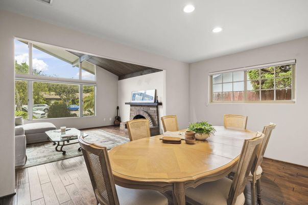 Dining room, Fireplace, Interior, Living room, Recessed Lighting, Wooden Ceilings, Wood Texture Flooring