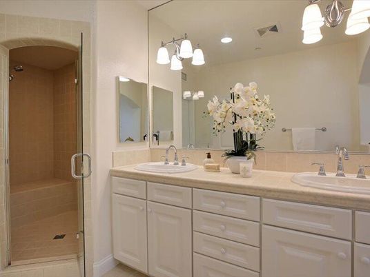 Bathroom, Dual Sink Vanities, Glass Shower, Interior, Recessed Lighting, Tile Countertops