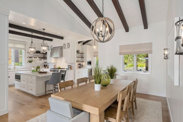 Chandelier, Dining room, Interior, Kitchen, Pendant Lights, Recessed Lighting, Wooden Beams, Wood Texture Flooring