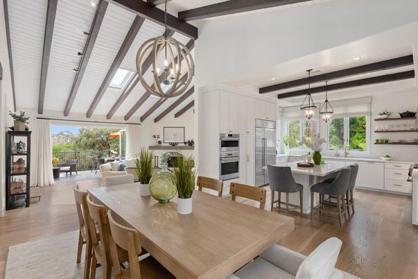 Chandelier, Dining room, Interior, Kitchen, Pendant Lights, Recessed Lighting, Stainless Steel Appliances, Wooden Beams, Wood Texture Flooring