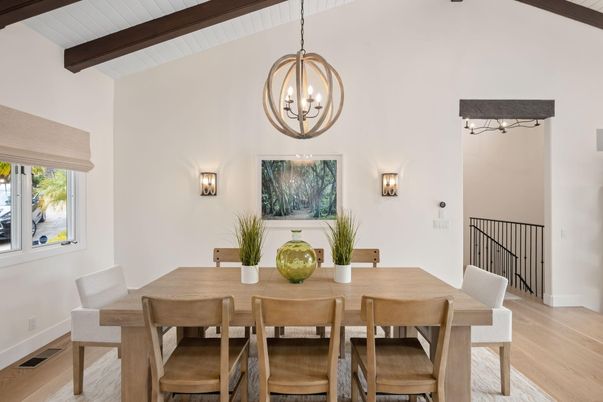 Chandelier, Dining room, Interior, Pendant Lights, Wooden Beams, Wood Texture Flooring
