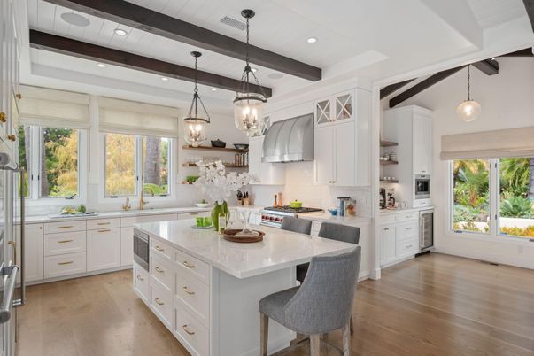 Interior, Kitchen, Pendant Lights, Recessed Lighting, Stainless Steel Appliances, Wooden Beams, Wood Texture Flooring