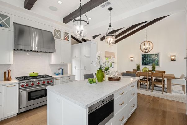Dining room, Interior, Kitchen, Pendant Lights, Recessed Lighting, Stainless Steel Appliances, Wooden Beams, Wood Texture Flooring